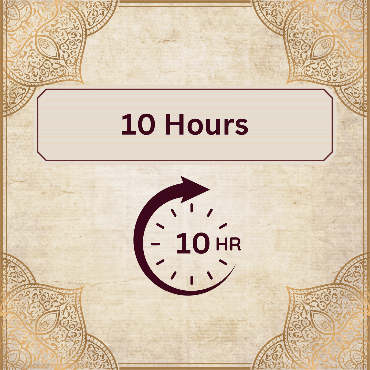 Decorative design with '10 Hours' text and clock icon on a beige background with gold patterns.