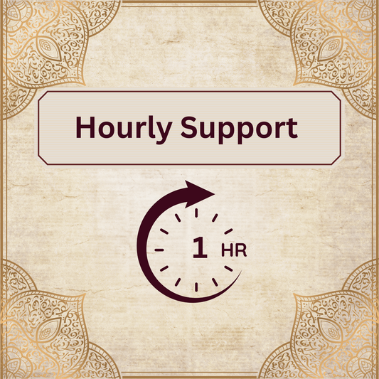 Text 'Hourly Support' with a clock icon and '1 HR' on a decorative background.