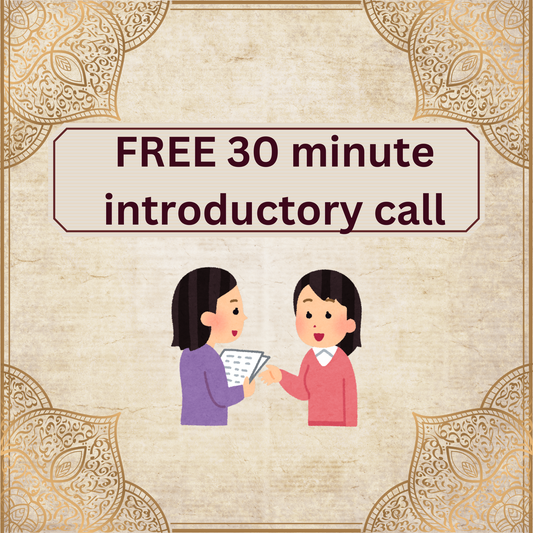 Two cartoon characters shaking hands with text about a free 30-minute introductory call on a decorative background.