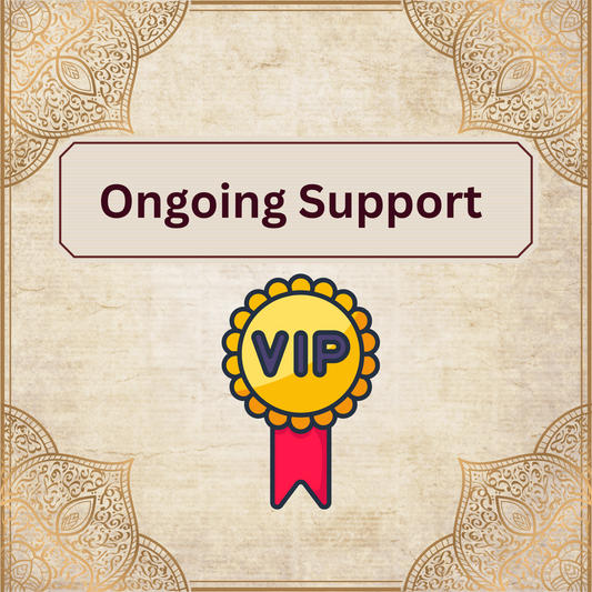 Decorative background with 'Ongoing Support' text and a VIP badge icon.