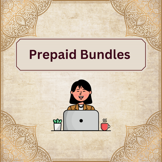 Illustration of a person at a desk with a laptop, plant and coffee cup on a beige background with decorative borders and 'Pre-paid Bundles' text.